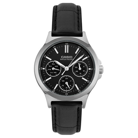 CASIO COLLECTION Mod. LADY MULTIFUNCTION, LEATHER - BLACK LTP-V300L-1AUDF Day - Date - 24H - Armbanduhr 33 mm Schwarz