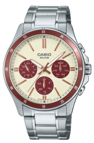 CASIO COLLECTION Mod. MULTIFUNCTION CALENDAR - CHAMPAGNE & BORDEAUX MTP-1374D-5A2VDF Day - Date - 24H - Armbanduhr 43.5 mm