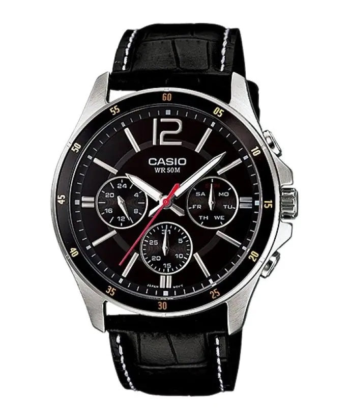CASIO COLLECTION Mod. MULTIFUNCTION CALENDAR, LEATHER - BLACK MTP-1374L-1AVDF Day - Date - 24H - Armbanduhr 43.5 mm Schwarz