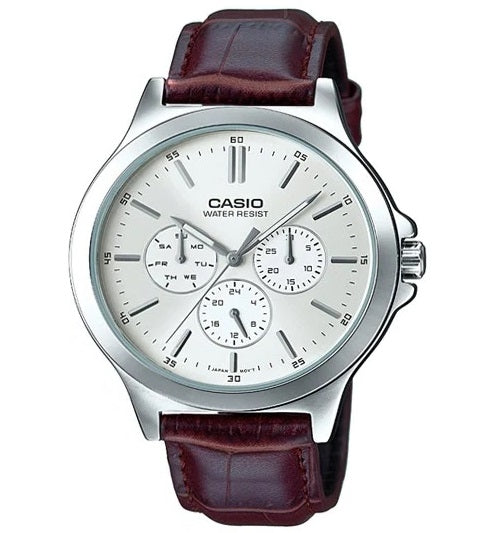 CASIO COLLECTION Mod. MULTIFUNCTION SILVER, Leather MTP-V300L-7AUDF Day - Date - 24H - Armbanduhr 41.5 mm Silber