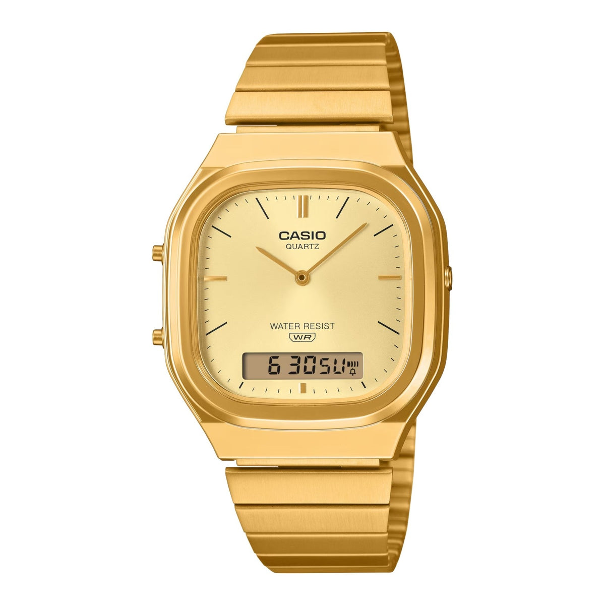 CASIO COLLECTION & VINTAGE EDGY ROUNDED SQUARE GOLD AQ-240EG-9AEF Dual Time Armbanduhr 36 mm – Detailansicht