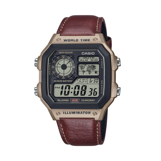CASIO COLLECTION & VINTAGE WORLD TIME ILLUMINATOR 5 ALARMS - FUTURE CLASSIC COLLECTION - LEATHER BROWN AE-1200WHL-5AVEF Analoguhr Armbanduhr 40 mm Braun