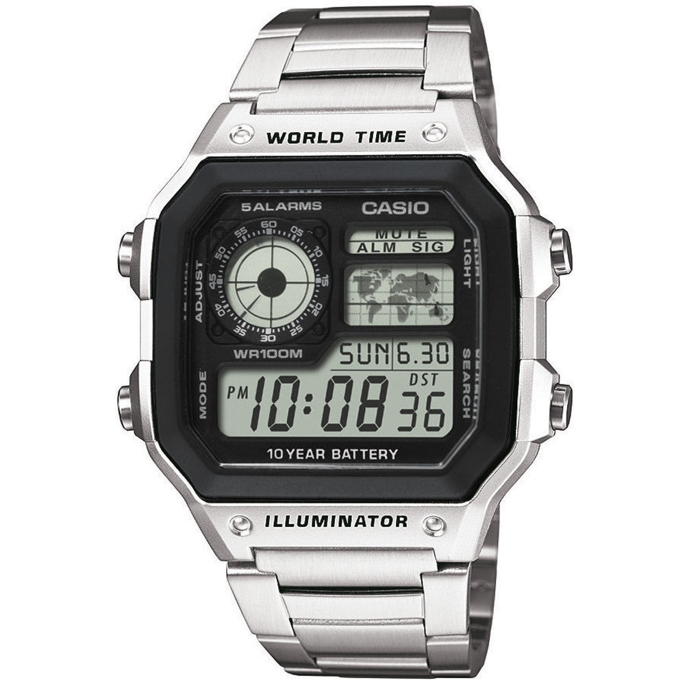 CASIO SPORT DIVER - WORLD TIME ILLUMINATOR 5 ALARMS - FUTURE CLASSIC COLLECTION - SILVER STEEL AE-1200WHD-1AVDF Dual Time - Armbanduhr 42 mm Silber