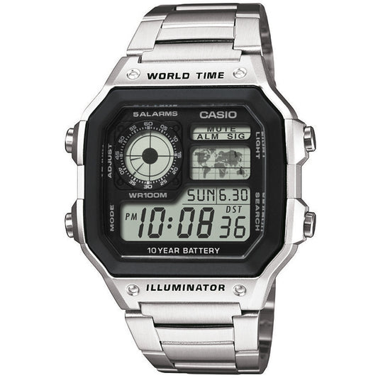 CASIO SPORT DIVER - WORLD TIME ILLUMINATOR 5 ALARMS - FUTURE CLASSIC COLLECTION - SILVER STEEL AE-1200WHD-1AVDF Dual Time - Armbanduhr 42 mm Silber