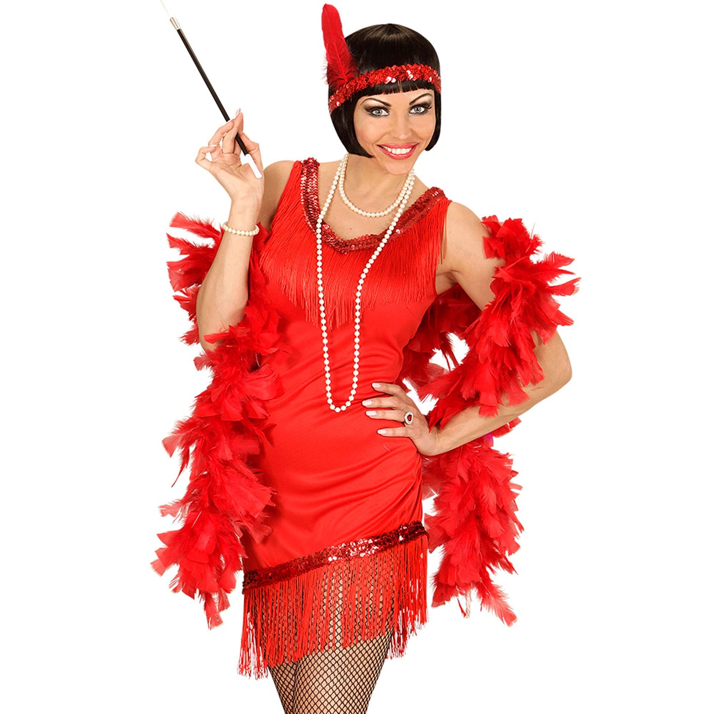"CHARLESTON" (Kleid, Handschuhe, Stirnband mit Feder) – Vorderansicht