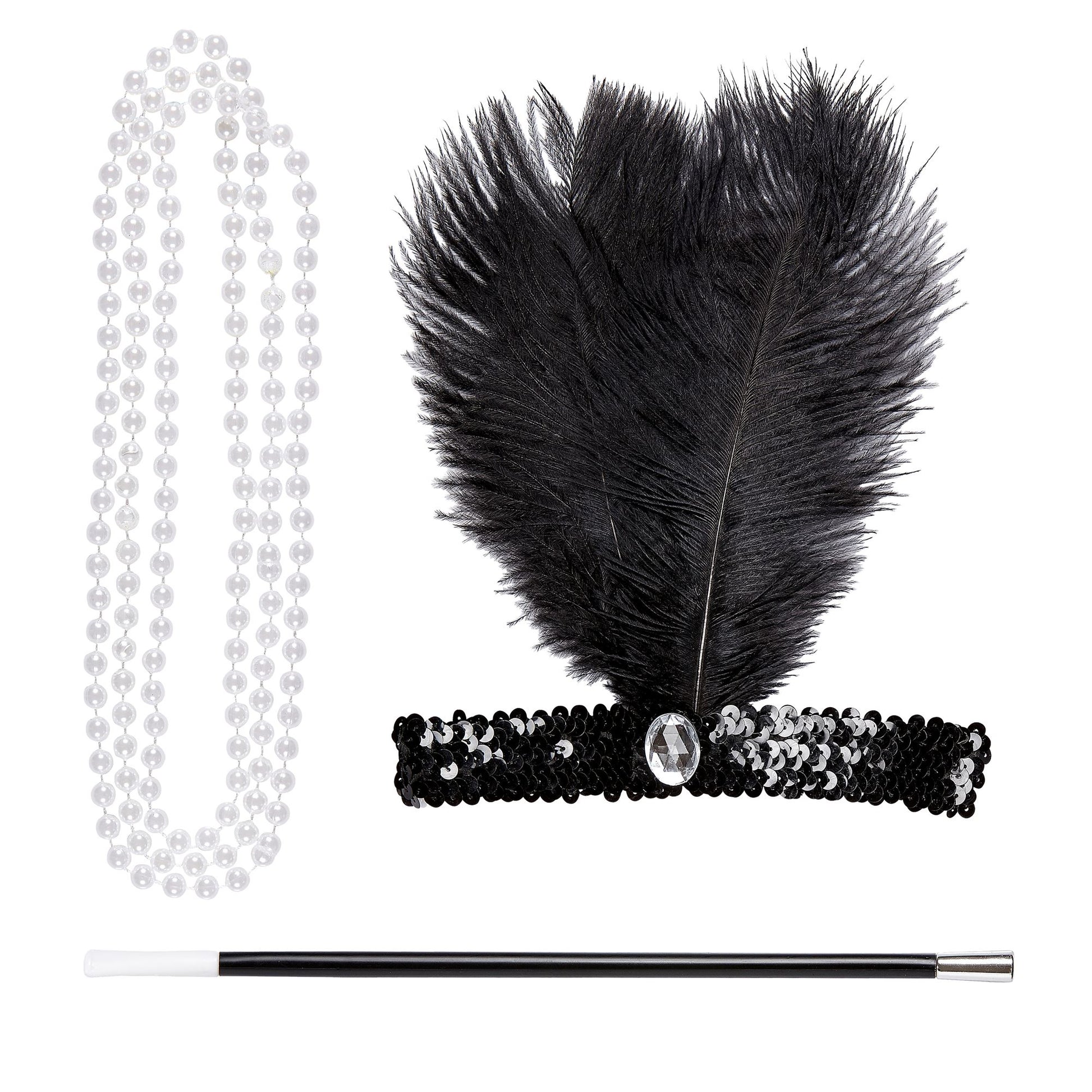 "CHARLESTON SET" (Stirnband aus Pailletten, Perlenkette, Zigarettenhalter) – Vorderansicht