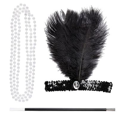 "CHARLESTON SET" (Stirnband aus Pailletten, Perlenkette, Zigarettenhalter) – Vorderansicht