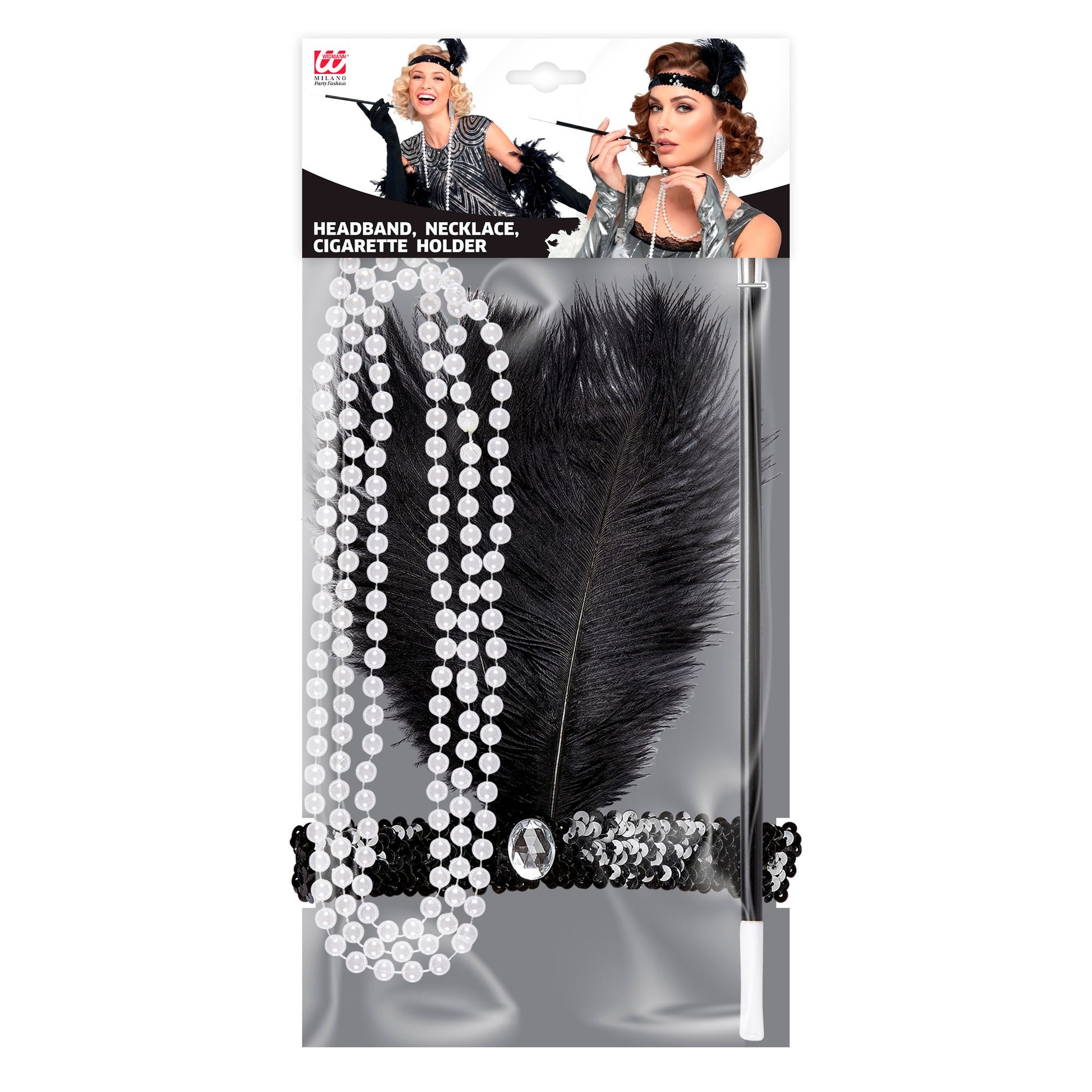 "CHARLESTON SET" (Stirnband aus Pailletten, Perlenkette, Zigarettenhalter) – Detailansicht