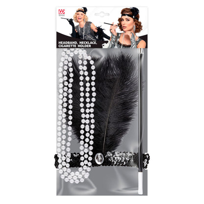 "CHARLESTON SET" (Stirnband aus Pailletten, Perlenkette, Zigarettenhalter) – Detailansicht