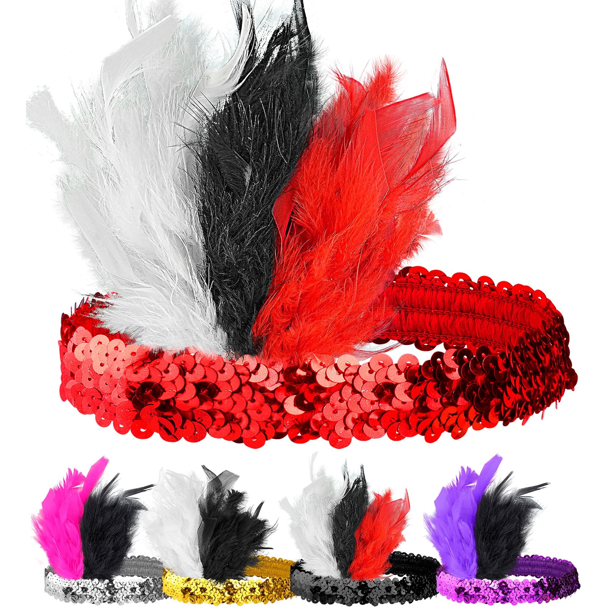 "CHARLESTON STIRNBAND AUS PAILLETTEN MIT MARABOU" in 5 Farben sort – Vorderansicht