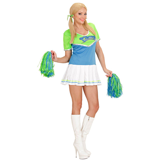 "CHEERLEADER" grün/hellblau (Kleid, 2 Pom Poms) – Vorderansicht