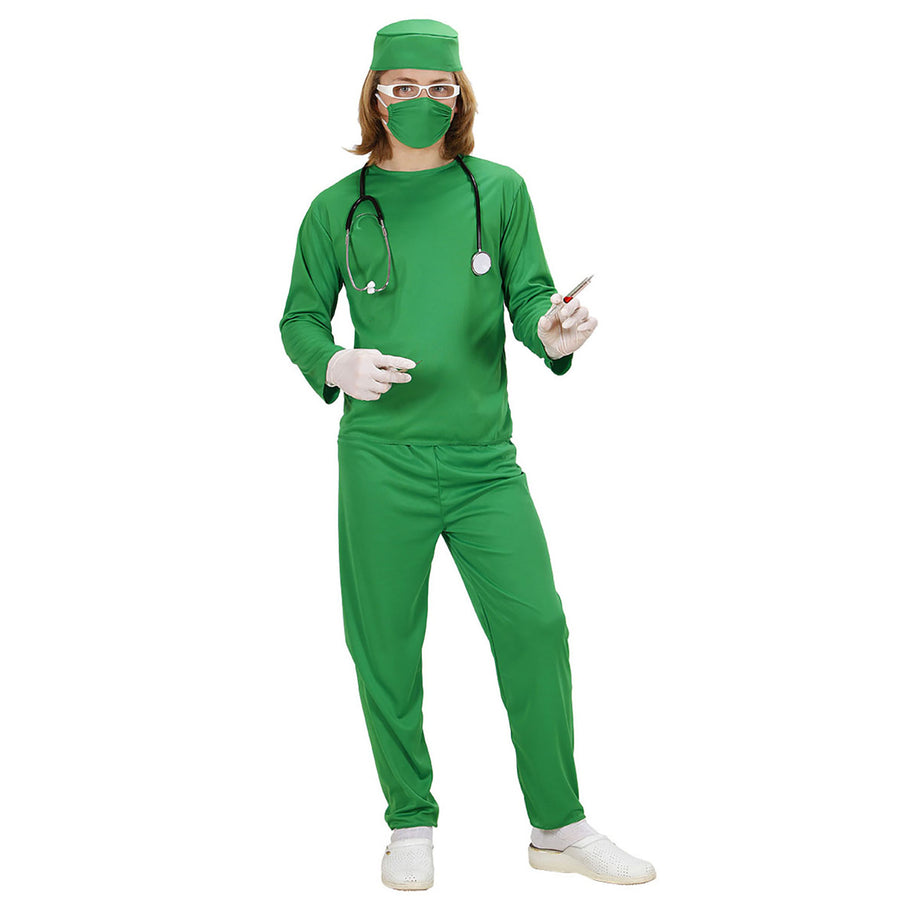 "CHIRURG" (Oberteil, Hose, Kopfbedeckung, Mundschutz) – Vorderansicht