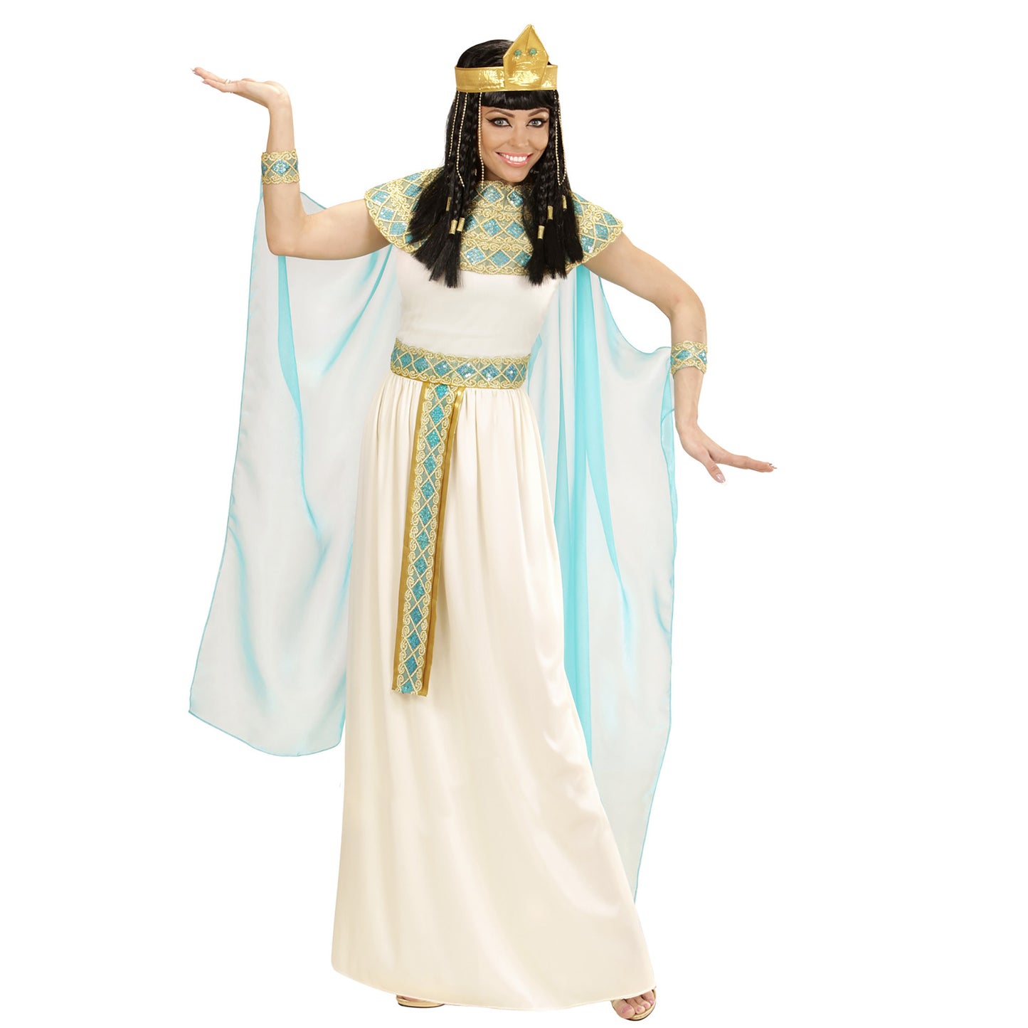"CLEOPATRA" (Kleid mit Gürtel, Armbänder, Stirnband, Umhang) – Vorderansicht