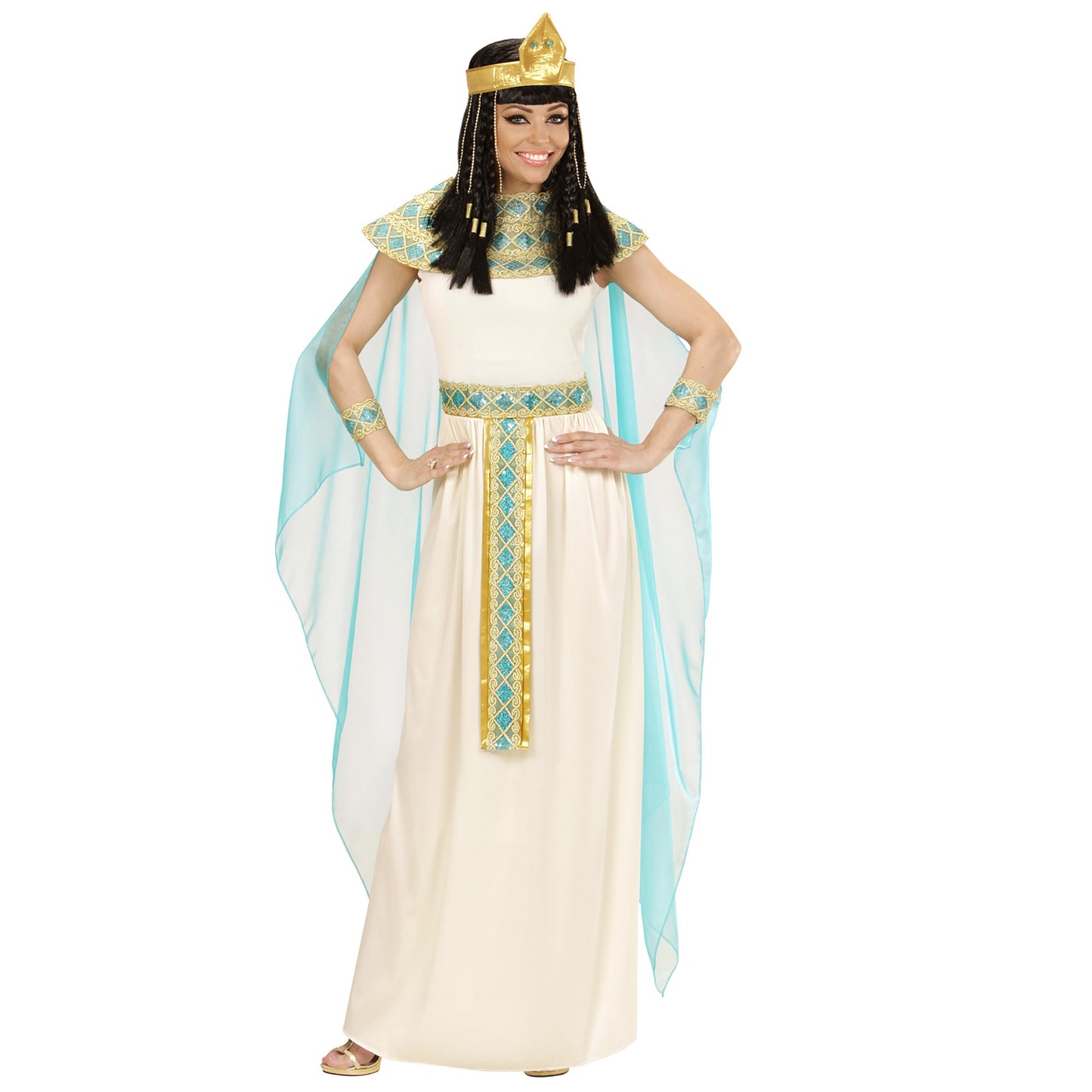 "CLEOPATRA" (Kleid mit Gürtel, Armbänder, Stirnband, Umhang) – Detailansicht