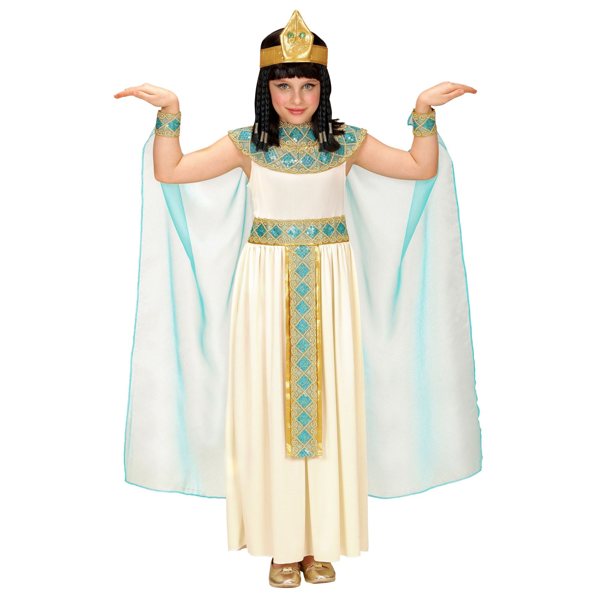 "CLEOPATRA" (Kleid mit Gürtel, Armbänder, Stirnband, Umhang) – Detailansicht