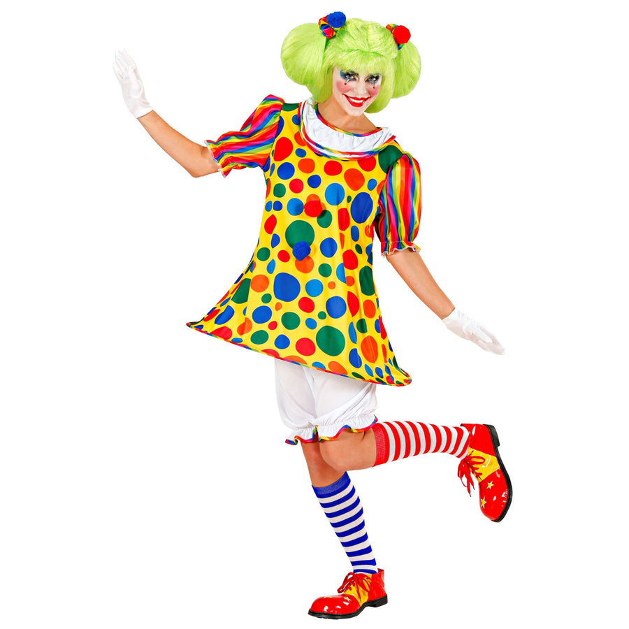 "CLOWN" (Kleid mit Bund und Reifen, Knickerbocker, Haargummis mit Pom Pom) – Vorderansicht