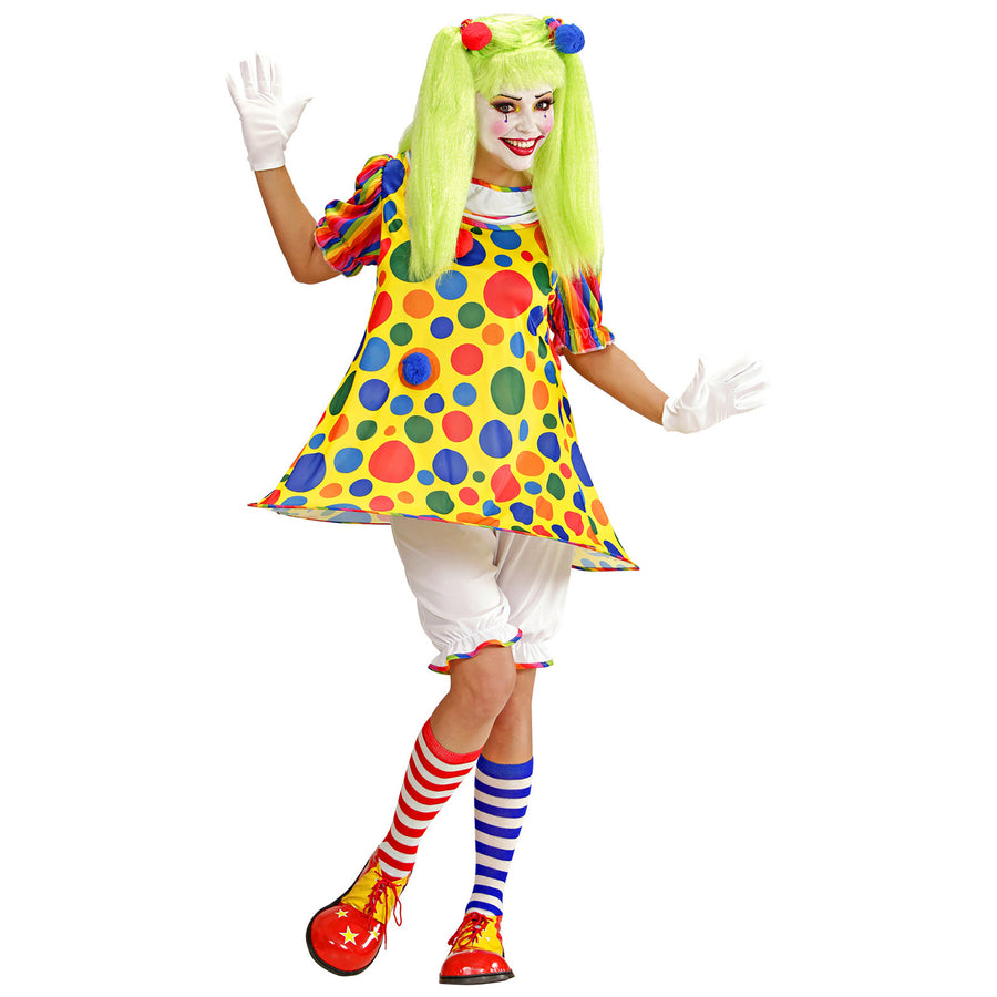 "CLOWN" (Kleid mit Bund und Reifen, Knickerbocker, Haargummis mit Pom Pom) – Detailansicht