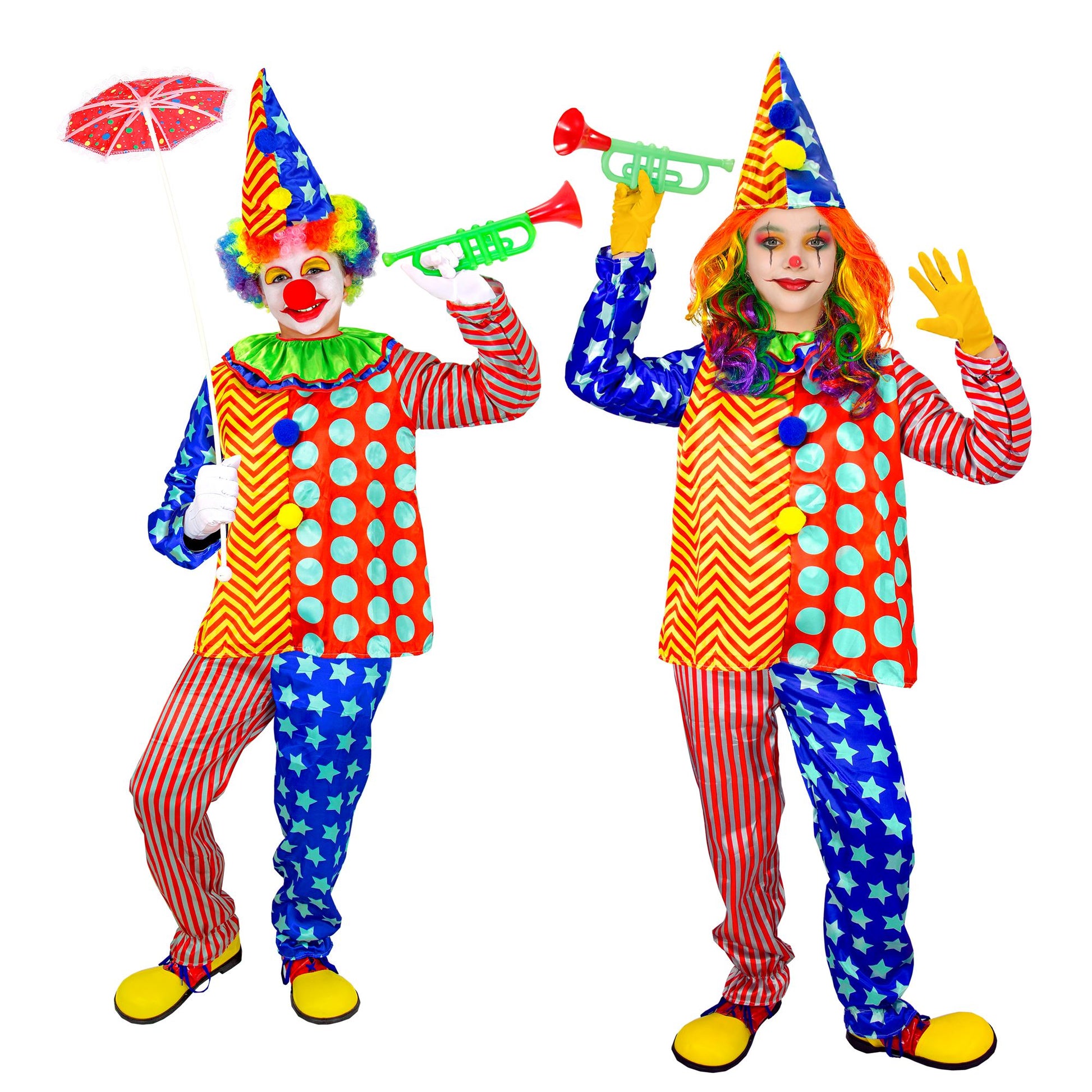 "CLOWN" (Oberteil mit Kragen, Hose, Hut) – Vorderansicht
