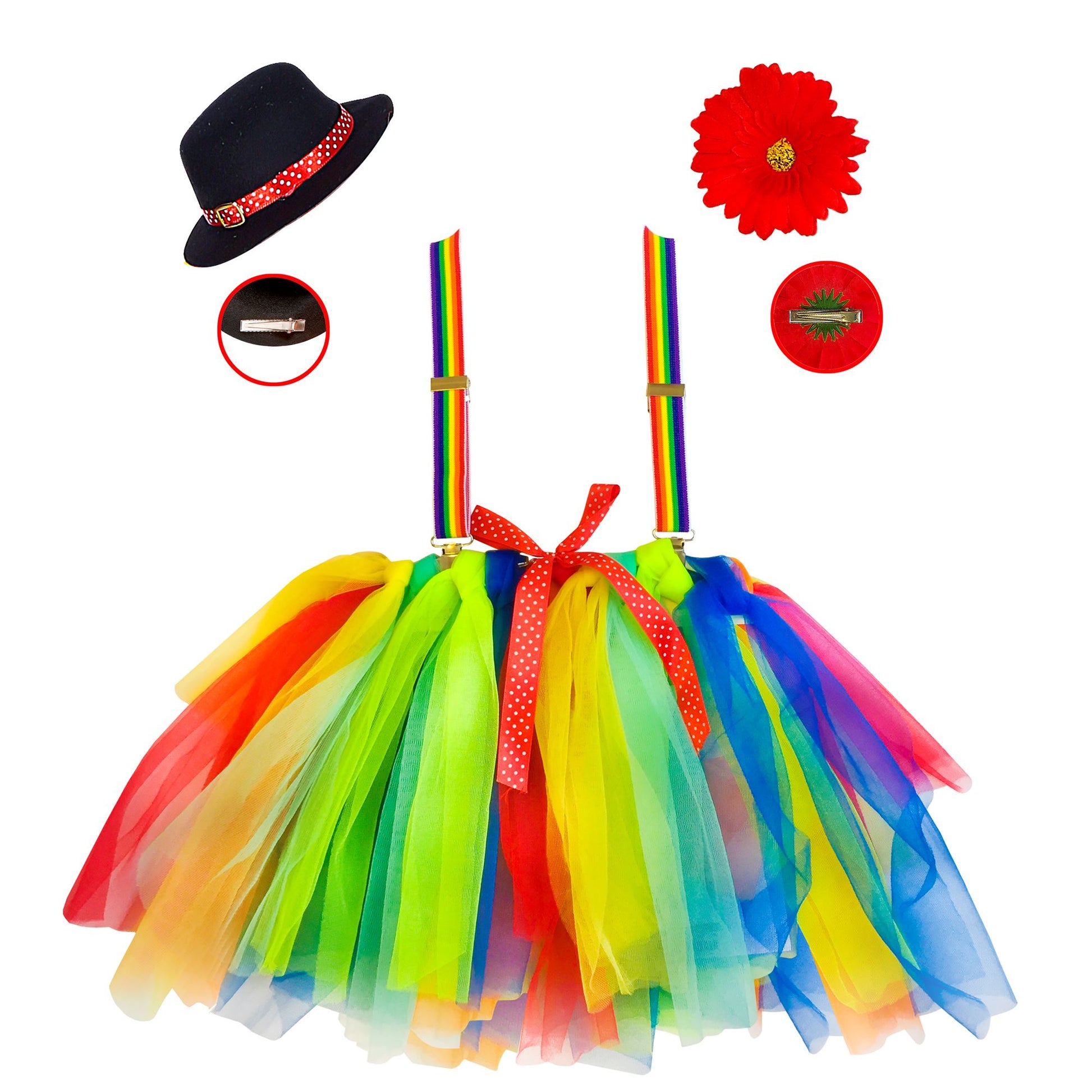 CLOWN (Tutu, Hosenträger mit Blume, Minihut) – Vorderansicht