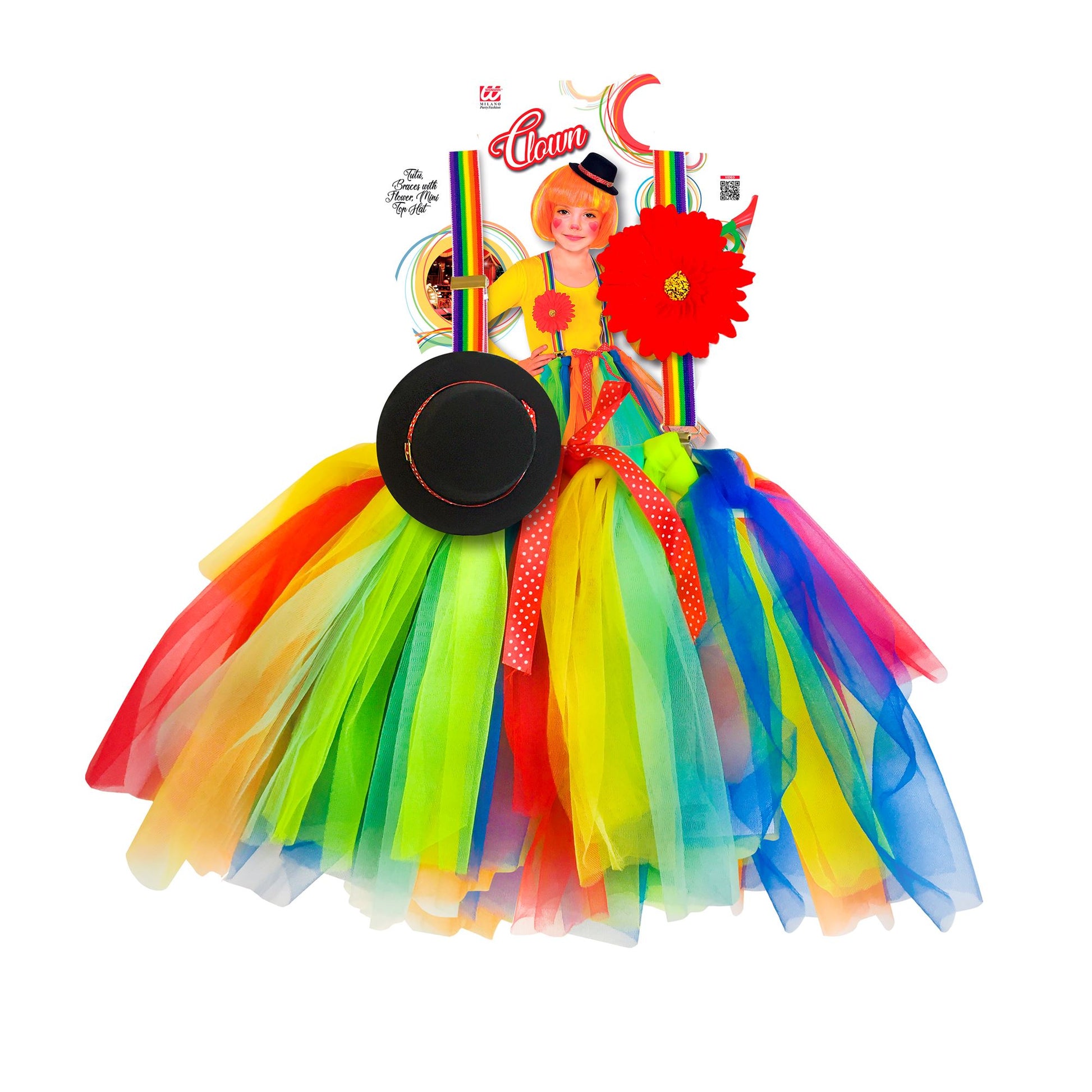 CLOWN (Tutu, Hosenträger mit Blume, Minihut) – Detailansicht
