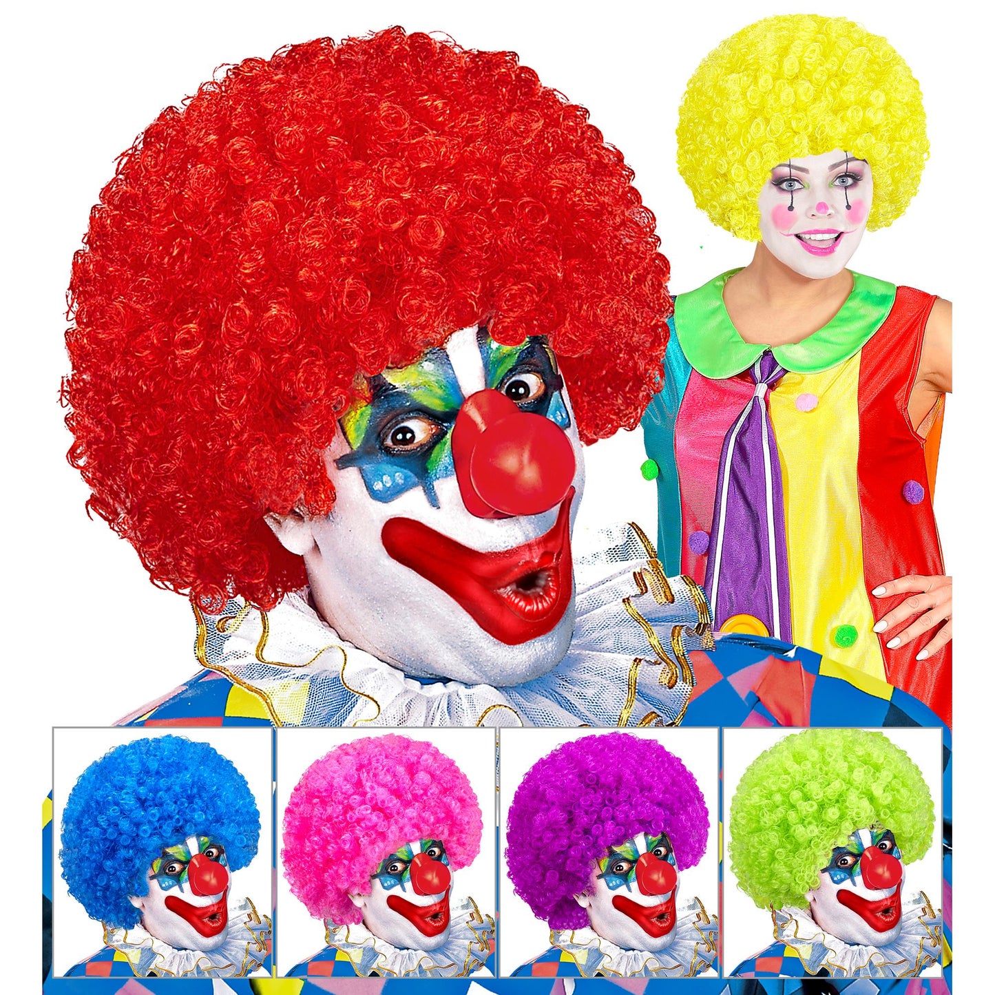 "CLOWNPERÜCKE" in Polybag -in 6 Farben sort.: grün, gelb, lila, blau, rosa, rot – Vorderansicht
