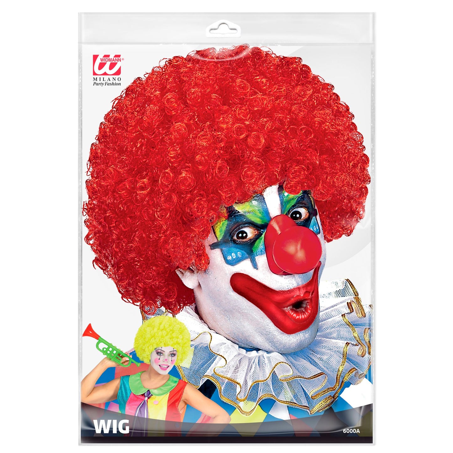 "CLOWNPERÜCKE" in Polybag -in 6 Farben sort.: grün, gelb, lila, blau, rosa, rot – Detailansicht