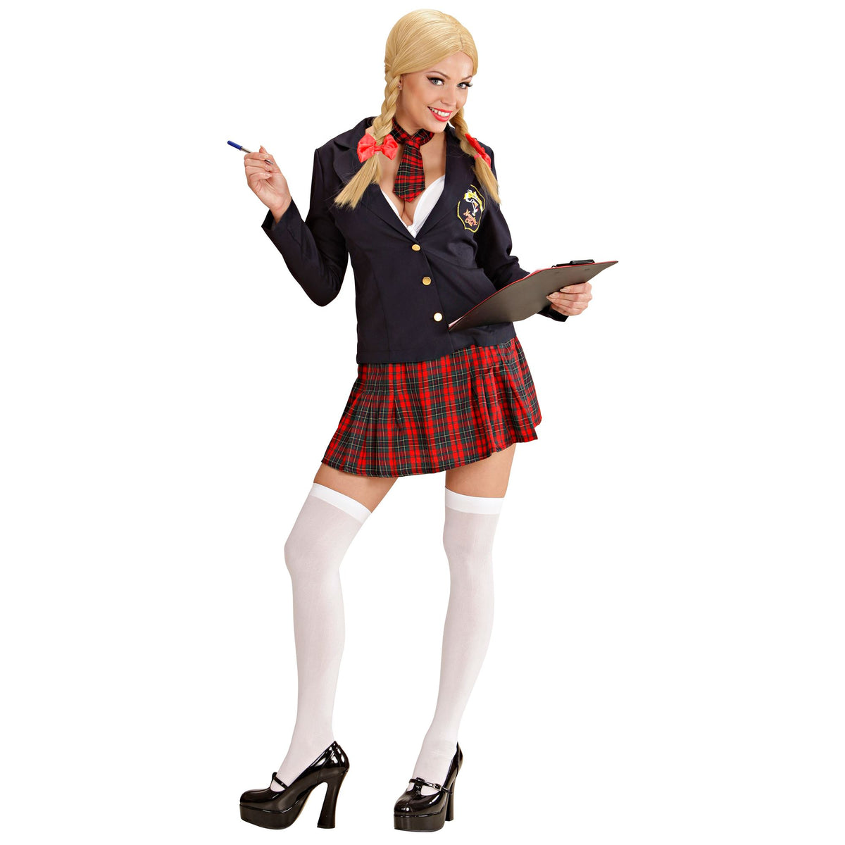 "COLLEGE MÄDCHEN" (Jacke, Schleifentop, Rock, kleine Krawatte) – Vorderansicht