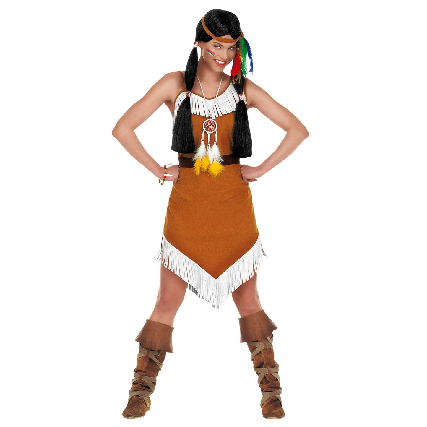 "COMANCHE" (Kleid mit Gürtel, Stirnband mit Feder) – Vorderansicht