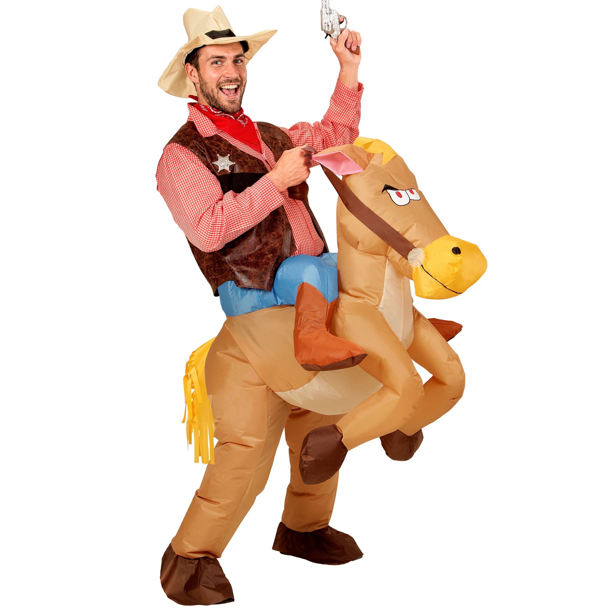 "COWBOY AUF PFERD" (aufblasbares Kostüm m. integriertem Gebläse, Hut) – Vorderansicht