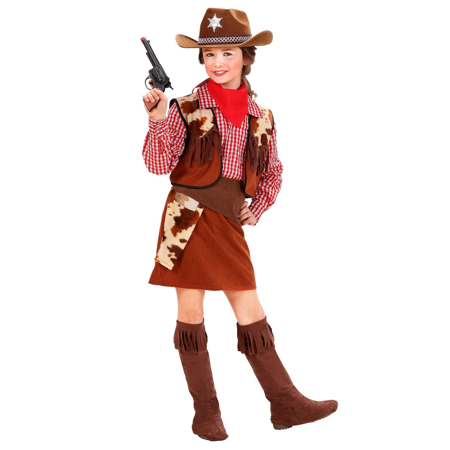 "COWGIRL" (Bluse, Weste, Rock, Gürtel mit Holster, Überstiefel, Halstuch) – Vorderansicht