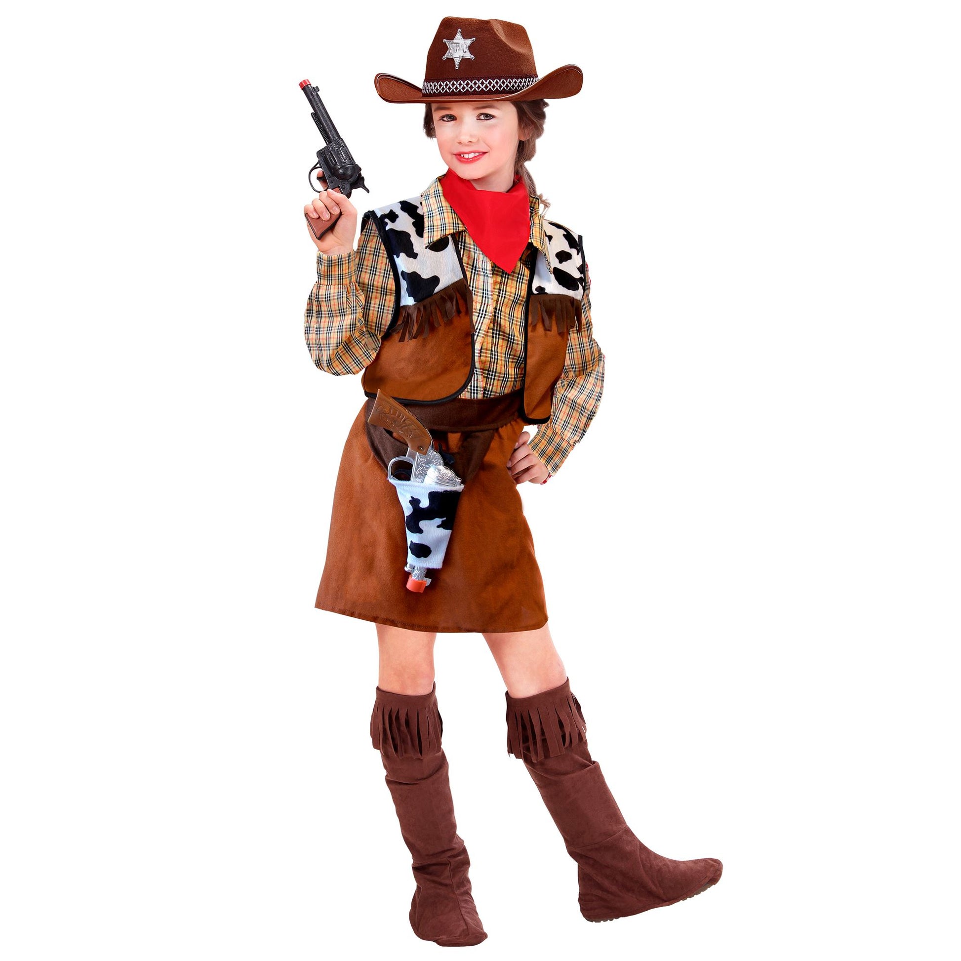 "COWGIRL" (Hemd, Weste, Rock, Gürtel mit Holster, Überstiefel) – Vorderansicht