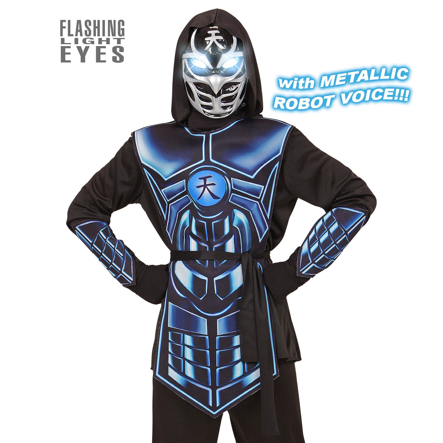 "CYBER NINJA" (Oberteil mit Kapuze, Rüstung, Gürtel, Armschoner, Maske mit leuchtenden Augen & 3 Roboterstimmen) – Vorderansicht