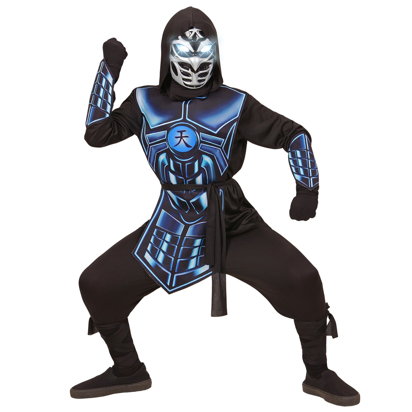 "CYBER NINJA" (Oberteil mit Kapuze, Rüstung, Gürtel, Armschoner, Maske mit leuchtenden Augen & 3 Roboterstimmen) – Detailansicht
