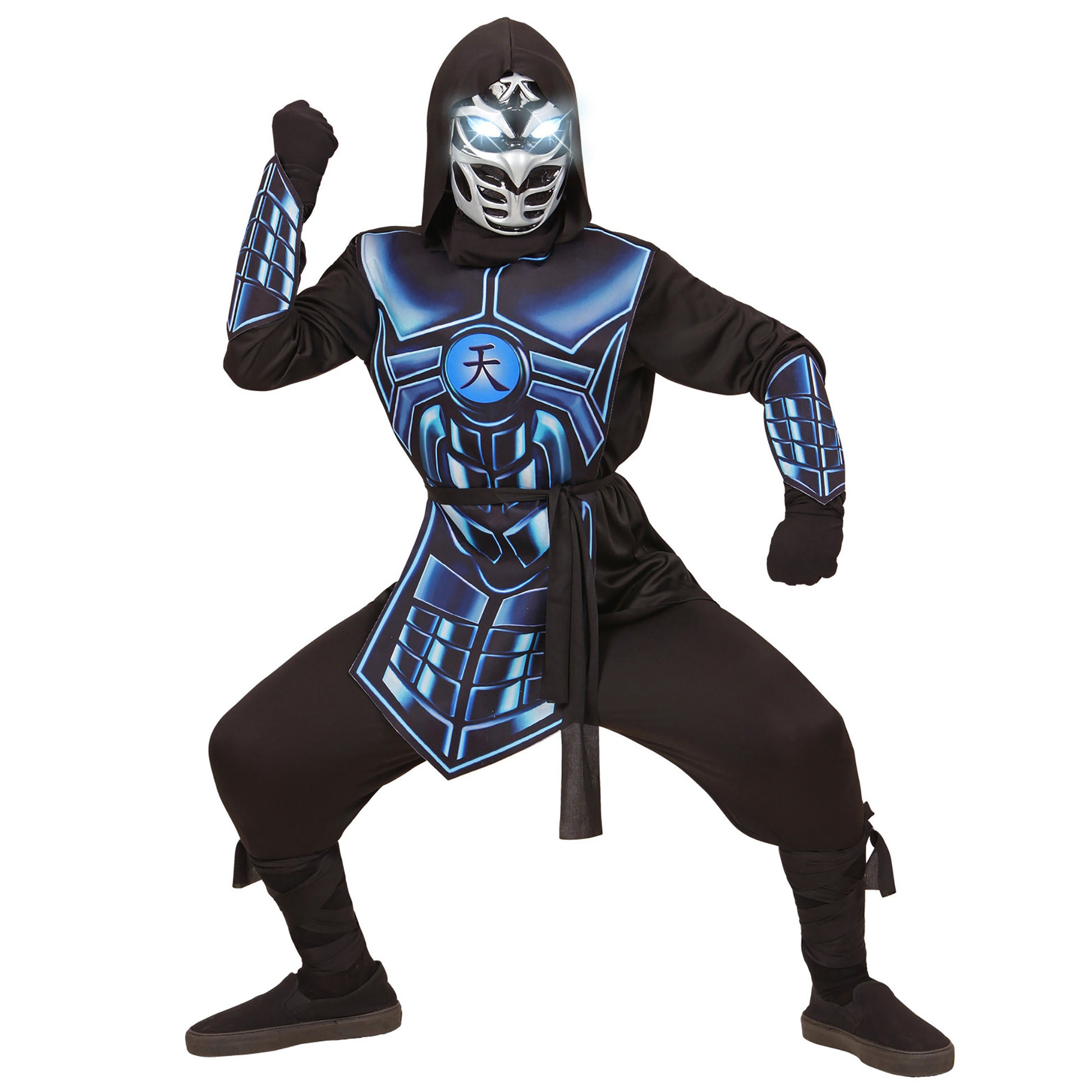 "CYBER NINJA" (Oberteil mit Kapuze, Rüstung, Gürtel, Armschoner, Maske mit leuchtenden Augen & 3 Roboterstimmen) – Detailansicht