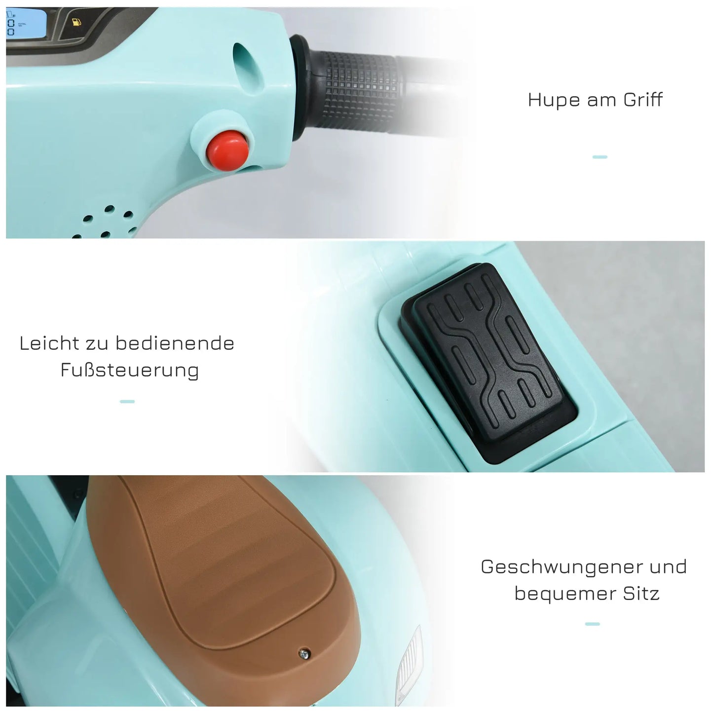 Grünes Vespa Elektromotorrad für Kleinkinder mit LED-Scheinwerfern und abnehmbaren Stützrädern.