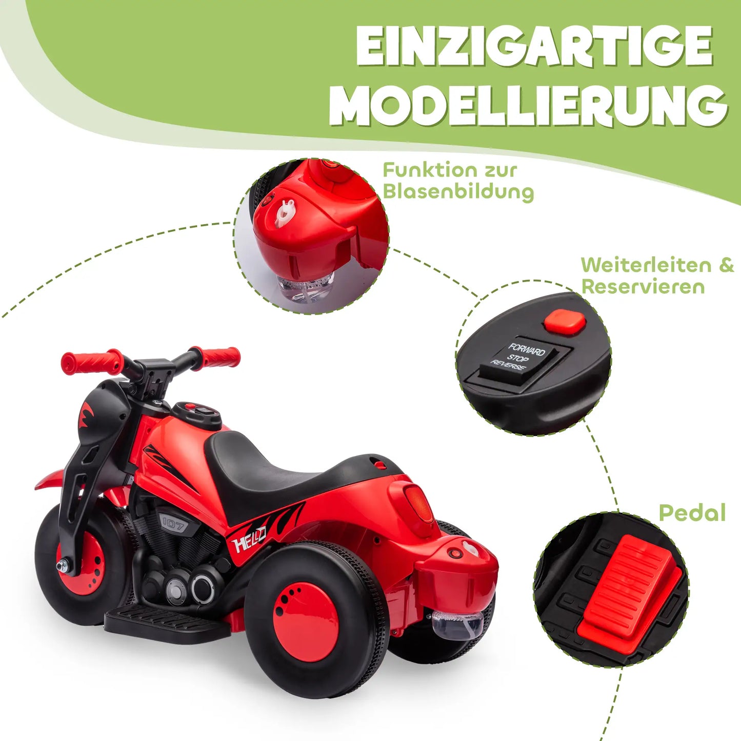 Kinder Elektro-Motorrad in Rot und Schwarz mit Musik und Seifenblasen für 2-5-Jährige.