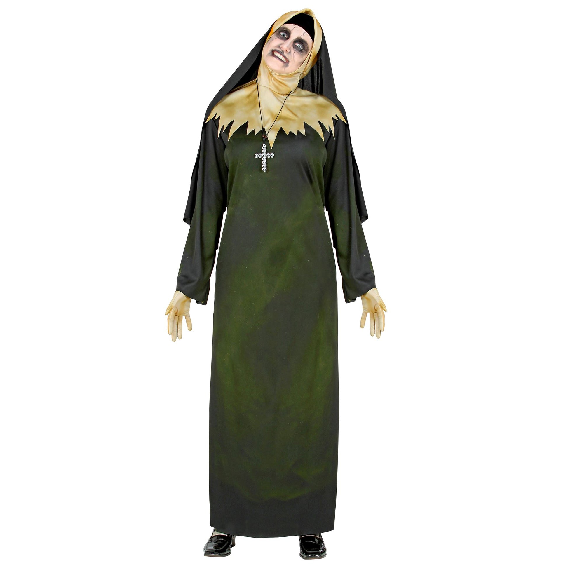 "DÄMONISCHE NONNE" (Robe, Kapuze mit Kragen, Schleier, Handschuhe, Kette) – Vorderansicht