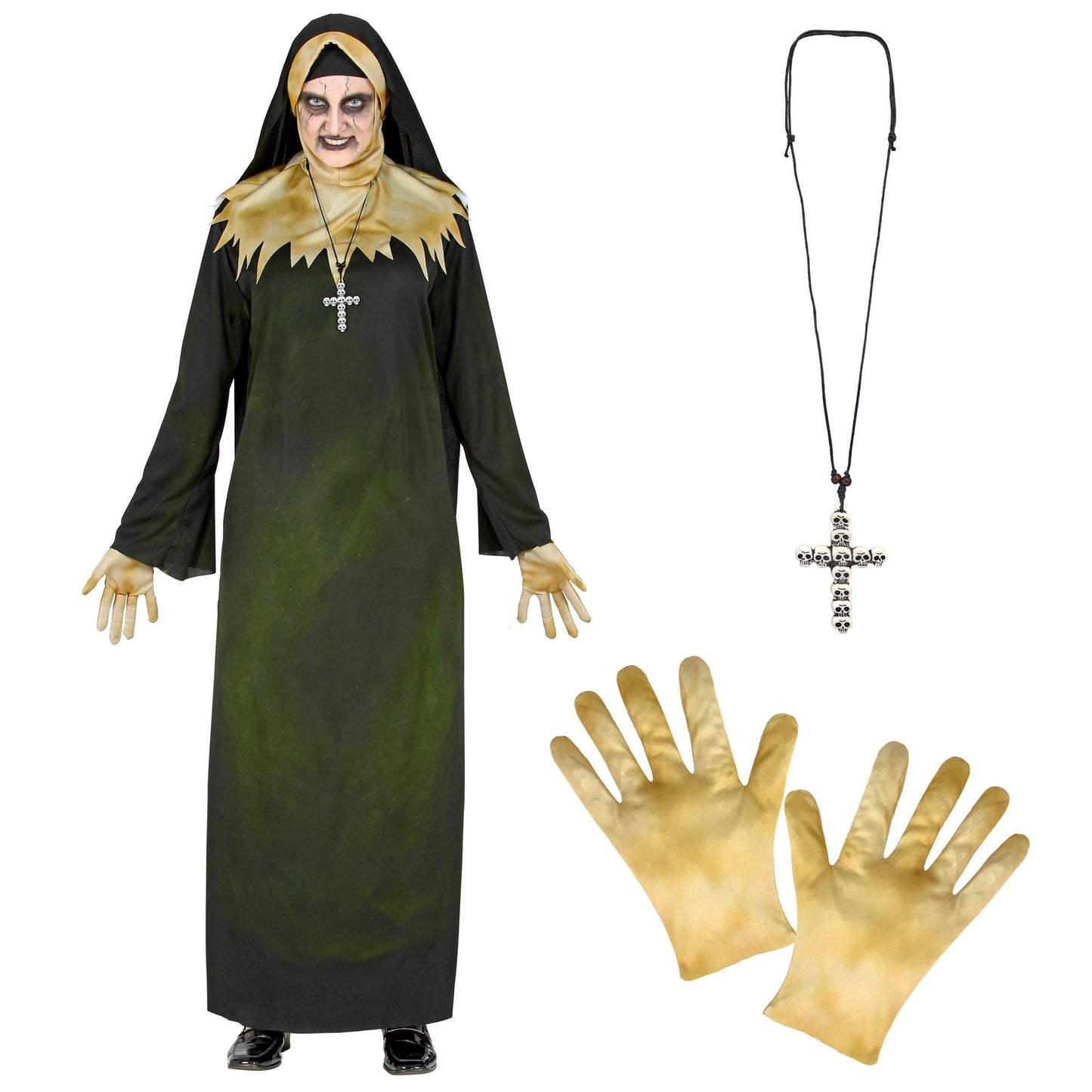 "DÄMONISCHE NONNE" (Robe, Kapuze mit Kragen, Schleier, Handschuhe, Kette) – Detailansicht