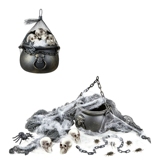"DEKORATIVES HALLOWEENSET" (Kessel, 3 Totenköpfe, Spinnennetz und Spinne, Ketten und grusliger Dekorationsstoff) – Vorderansicht
