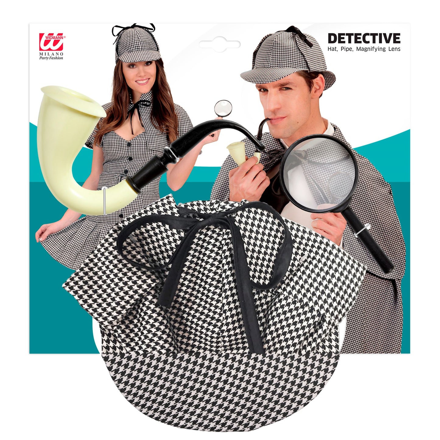 "DETEKTIV SET" (Mütze, Pfeife, Lupe) – Detailansicht
