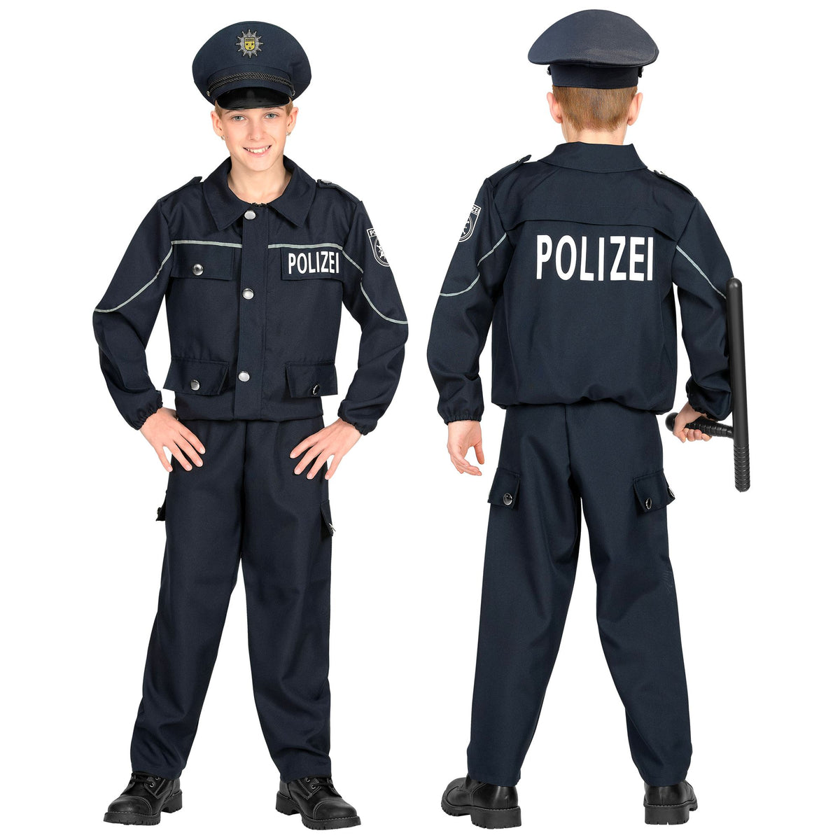 "DEUTSCHER POLIZIST" (Oberteil, Hose, Mütze) – Vorderansicht