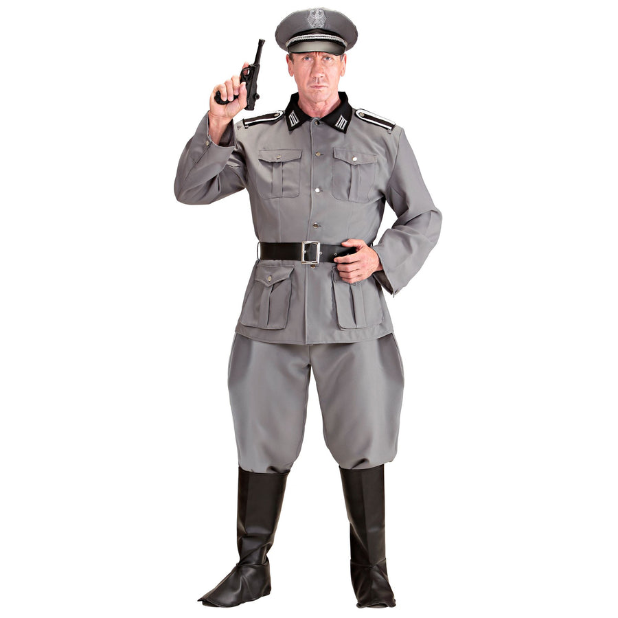 "DEUTSCHER SOLDAT" (Jacke, Hose, Gürtel, Stiefelüberzieher, Hut) – Vorderansicht
