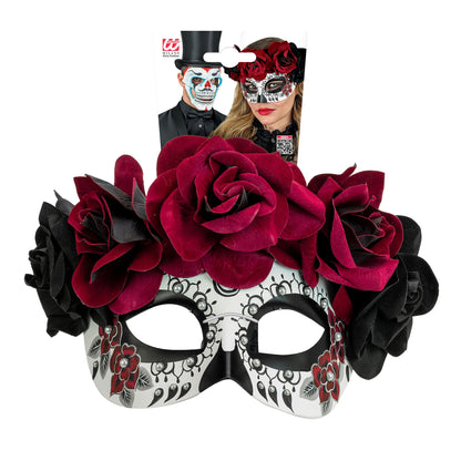 "DIA DE LOS MUERTOS AUGENMASKE MIT SCHWARZEN & DUNKELROTEN ROSEN" – Detailansicht