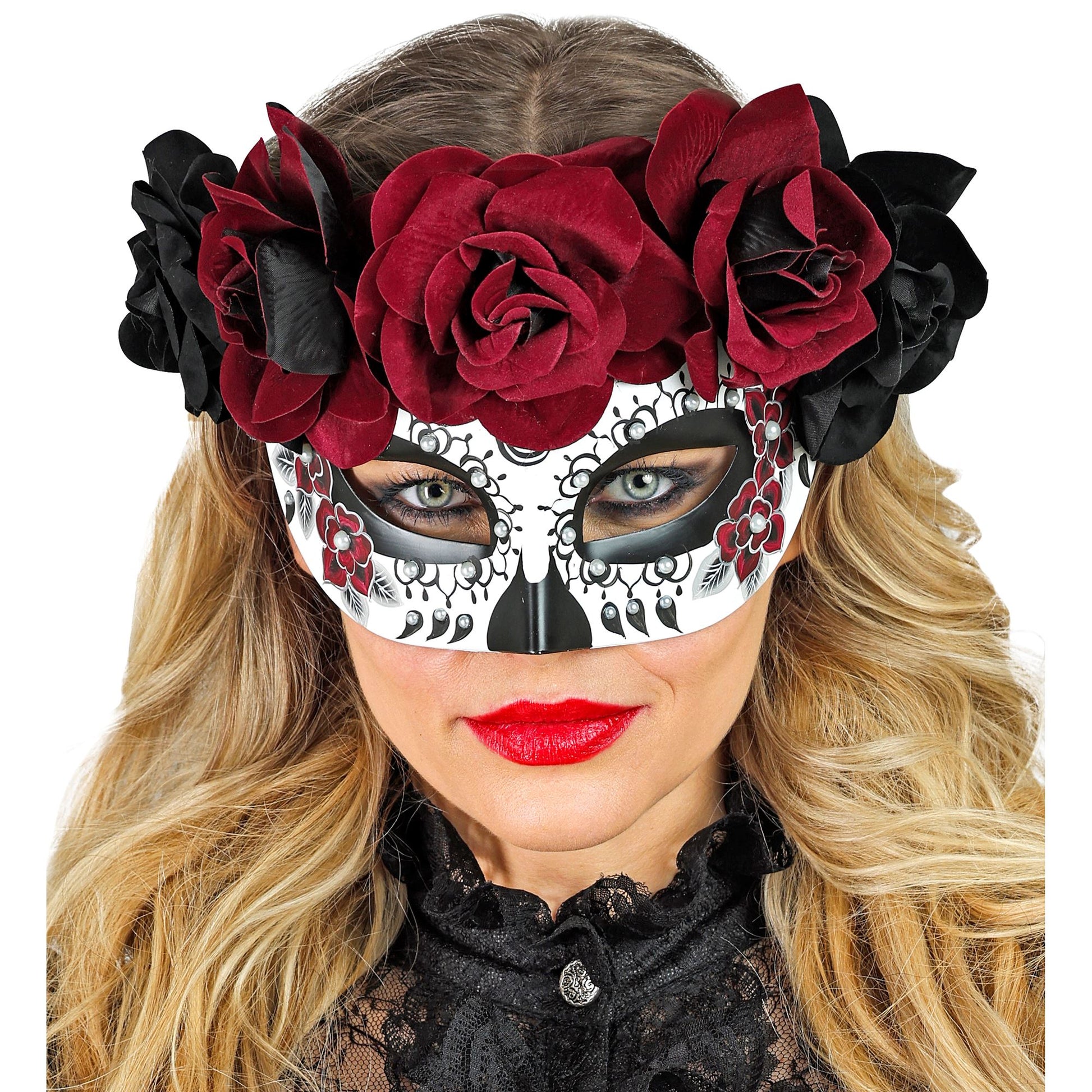 "DIA DE LOS MUERTOS AUGENMASKE MIT SCHWARZEN & DUNKELROTEN ROSEN" – Ansicht 3