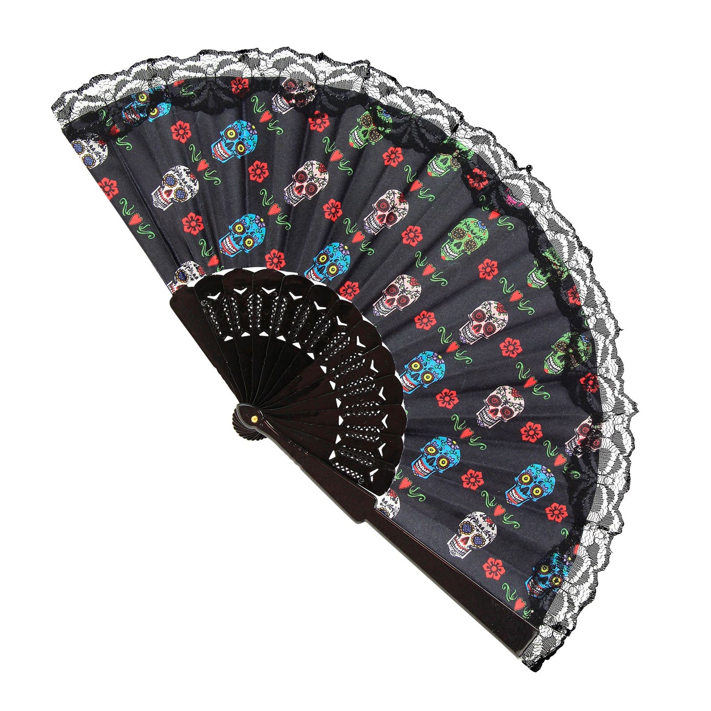"DIA DE LOS MUERTOS FÄCHER AUS STOFF" 23 cm – Vorderansicht