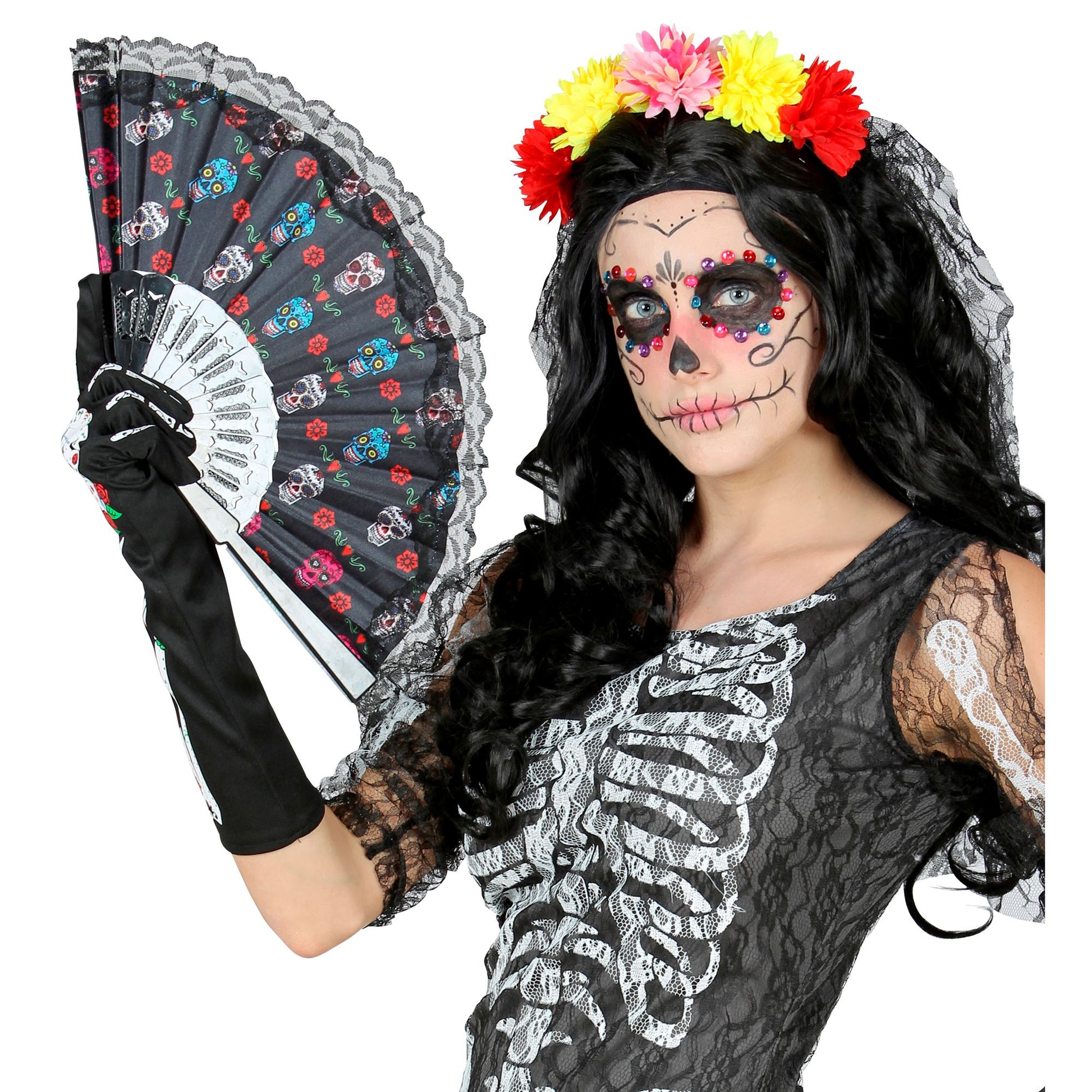 "DIA DE LOS MUERTOS FÄCHER AUS STOFF" 23 cm – Detailansicht