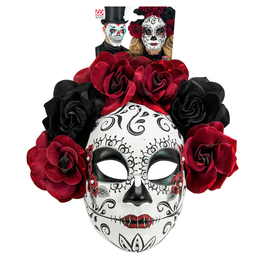 "DIA DE LOS MUERTOS MASKE MIT SCHWARZEN UND DUNKELROTEN ROSEN" – Detailansicht