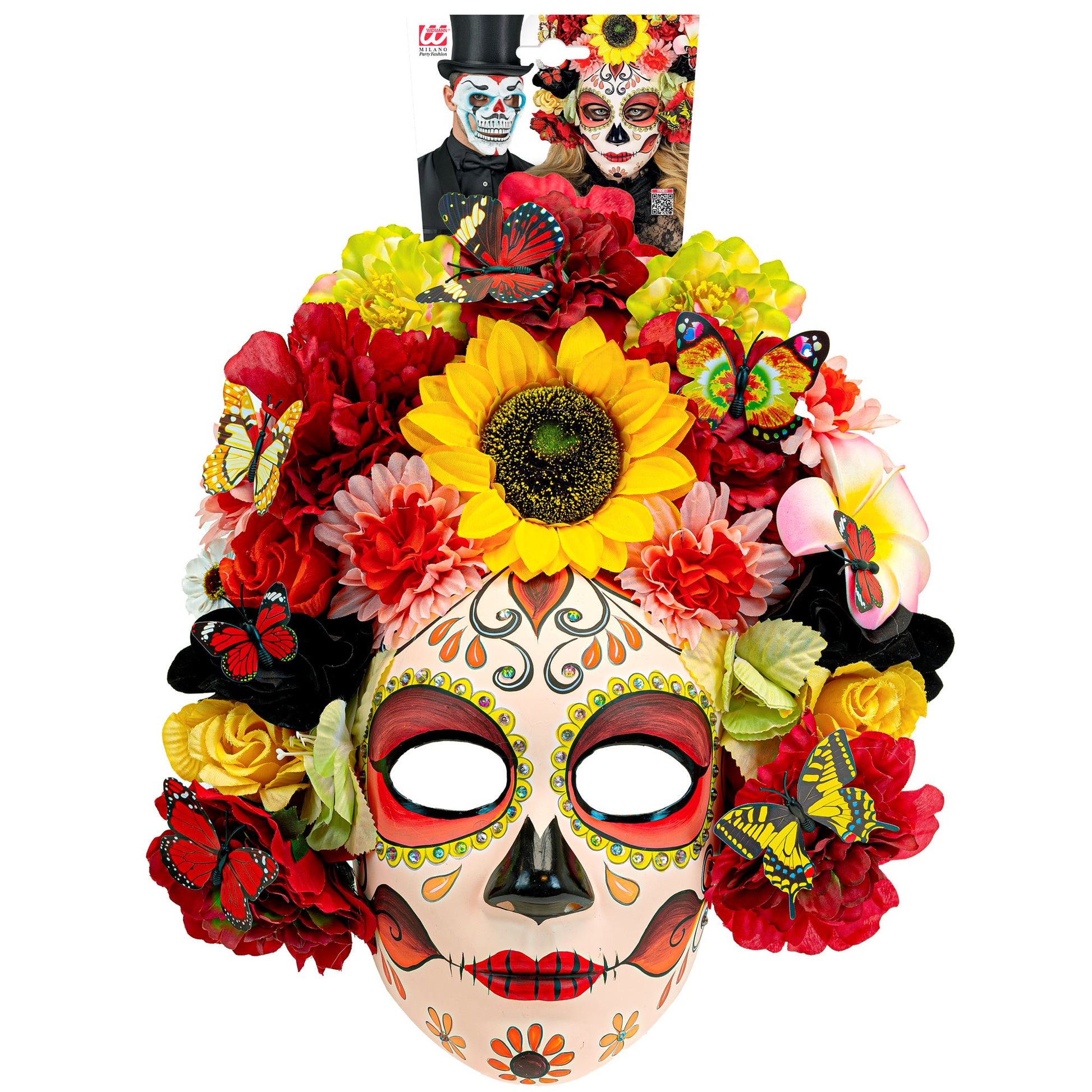 "DIA DE LOS MUERTOS MASKE MIT SONNENBLUME & FARBIGEN BLUMEN" – Detailansicht