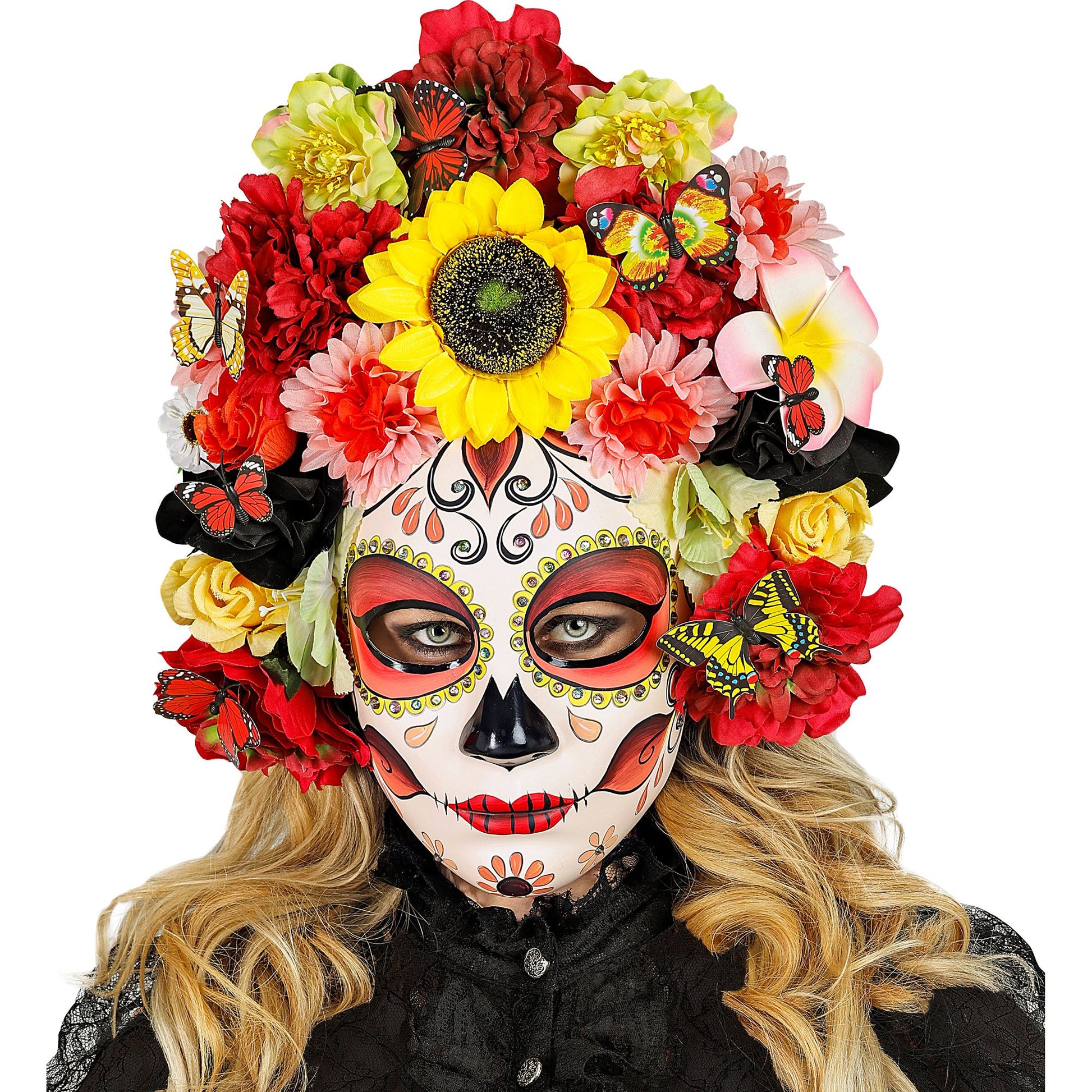 "DIA DE LOS MUERTOS MASKE MIT SONNENBLUME & FARBIGEN BLUMEN" – Ansicht 3