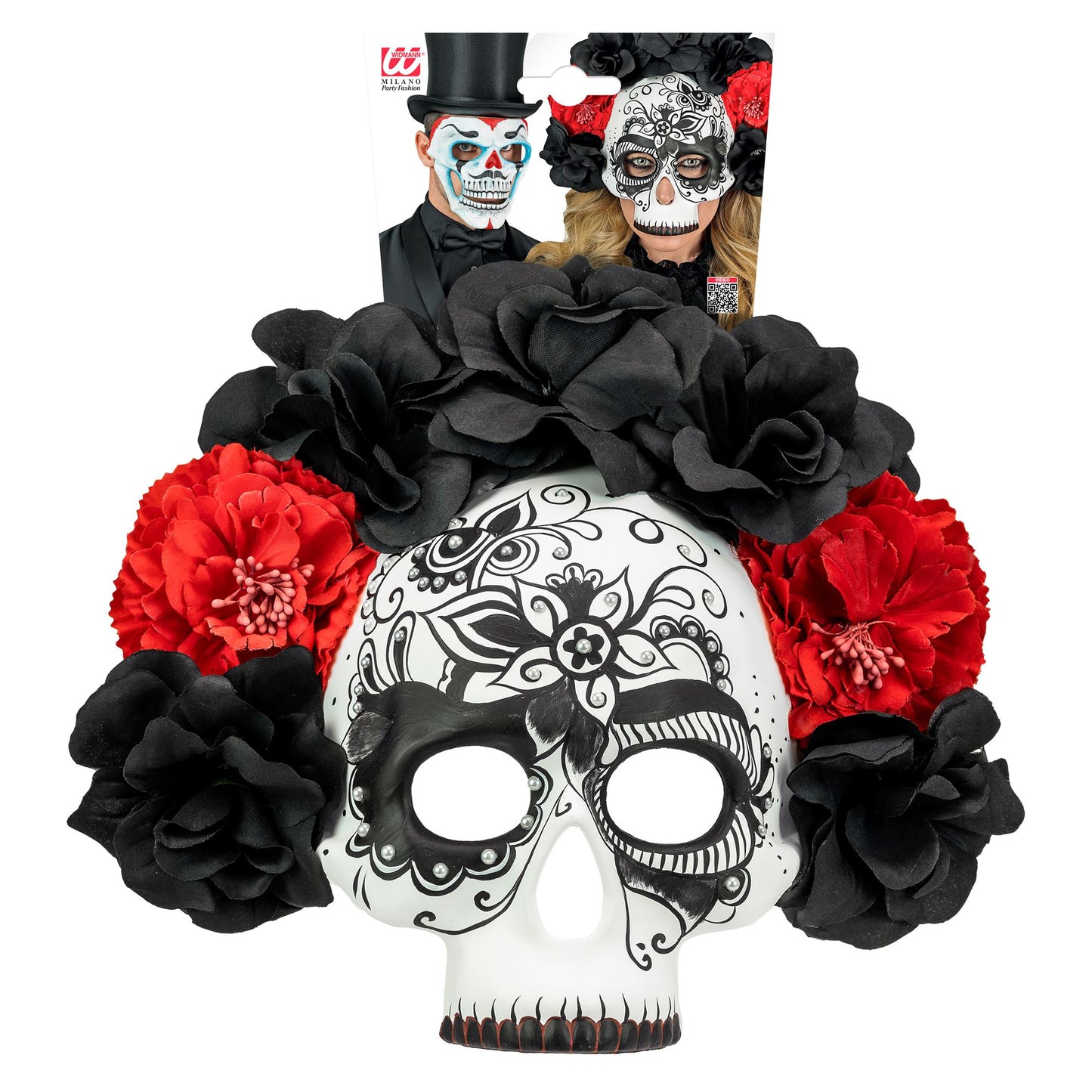 "DIA DE LOS MUERTOS TOTENKOPFMASKE MIT SCHWARZEN & ROTEN ROSEN" – Detailansicht